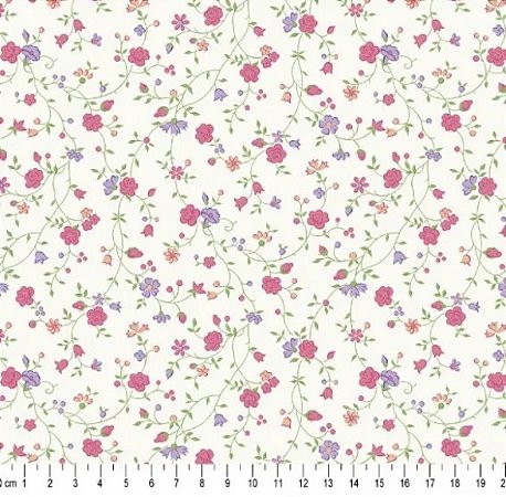 Tecido Tricoline Floral Marina Lilás e Rosa - Tecidos Caldeira - 50 x 150 cm