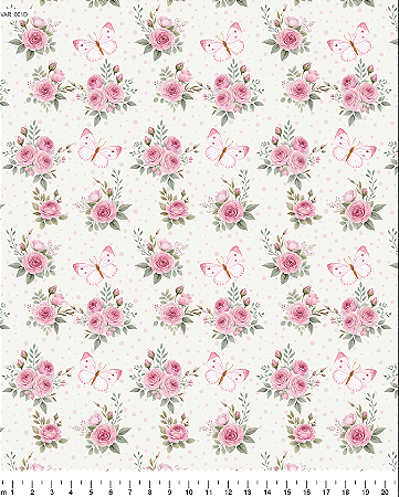 Tecido Tricoline Floral Rosas e Borboletas (Rosa) - TC - 50 x 150 cm