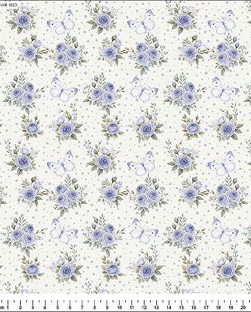 Tecido Tricoline Floral Rosas e Borboletas (Lilás) - TC - 50 x 150 cm