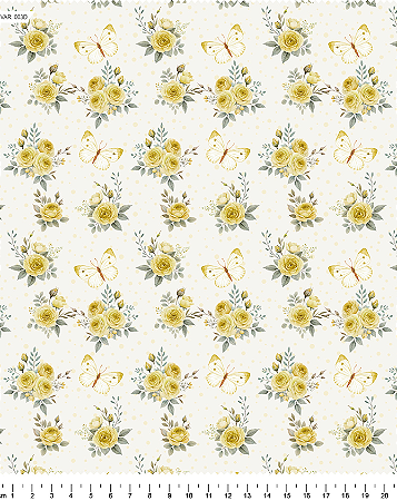 Tecido Tricoline Floral Rosas e Borboletas (Amarelo) - TC - 50 x 150 cm