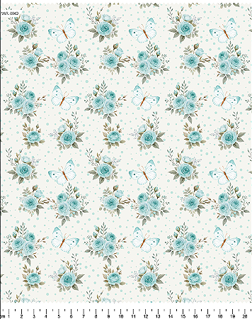 Tecido Tricoline Floral Rosas e Borboletas (Verde Água) - TC - 50 x 150 cm