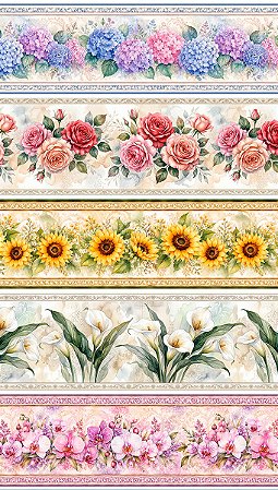 Tecido Tricoline Barrado Floral - Coleção Doce Criação - Peripan - 50 x 150 cm