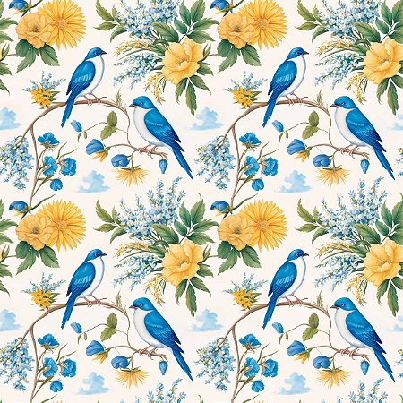 Tecido Tricoline Pássaros 2 - Coleção Doce Criação - Peripan - 50 x 150 cm