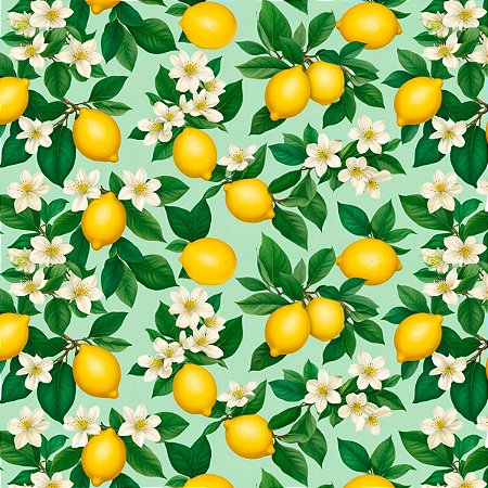 Tecido Tricoline Limão Siciliano e Flores - Coleção Doce Criação - Peripan - 50 x 150 cm
