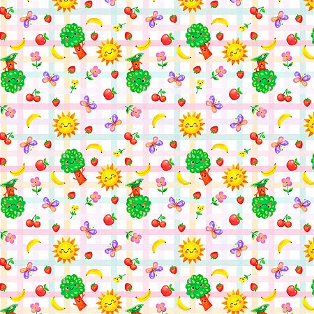 Tecido Tricoline Bosque Divertido e Xadrez - Coleção Doce Criação - Peripan - 50 x 150 cm