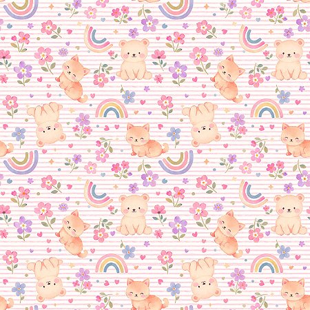 Tecido Tricoline Ursinhos, Gatinhos e Arco Íris - Coleção Doce Criação - Peripan - 50 x 150 cm