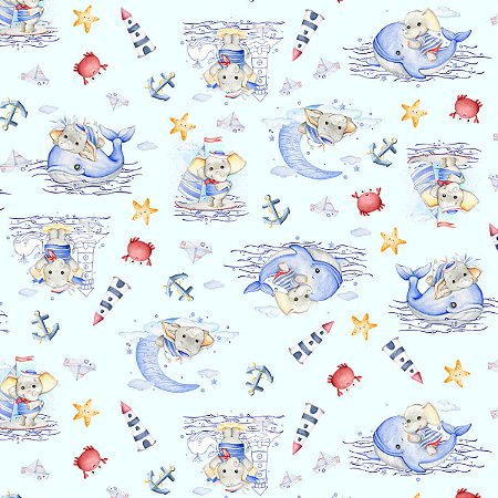 Tecido Tricoline Animais Náutico - Coleção Doce Criação - Peripan - 50 x 150 cm