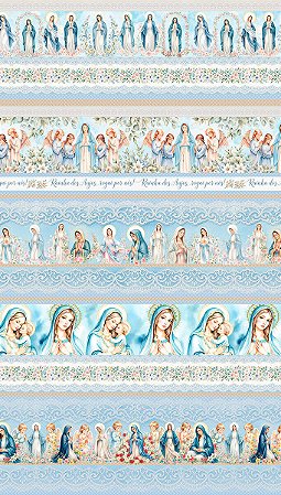 Tecido Tricoline Digital Barrado Jesus e Nossa Senhora - Coleção Caminho da Luz  - Peripan - 50 x 150 cm