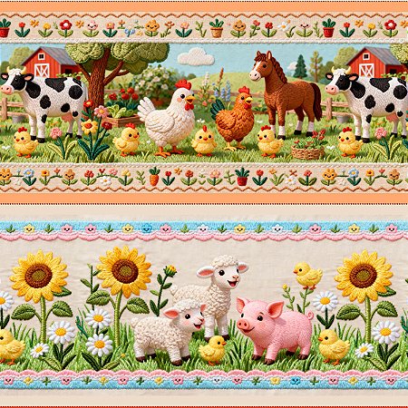 Tecido Tricoline Digital Barrado Fazendinha - Coleção Costuras do Dia  - Peripan - 50 x 150 cm