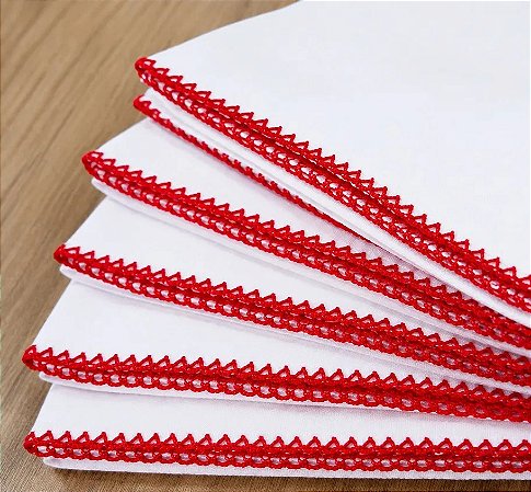 Tecido Fralda de boca Premium com Barra Pinta e Borda com Picueta Vermelho - Valletex - 50 cm x 35 cm (largura)