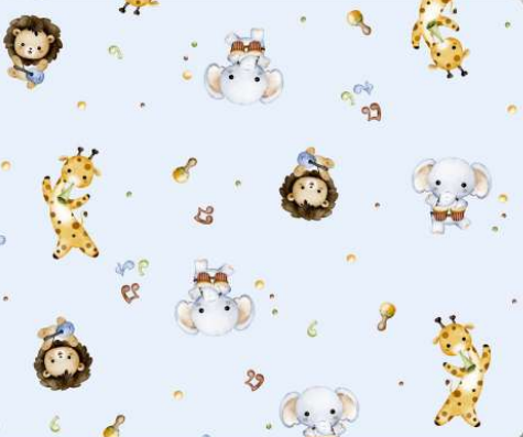 Tecido Tricoline Digital Animais e Música Fundo Azul (Safári) - Ibirapuera - 50 x 150 cm