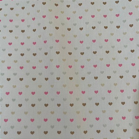Tecido Tricoline Mini Corações Caqui, Rosa  e Verde- Tecidos Caldeira - 50 x 150 cm