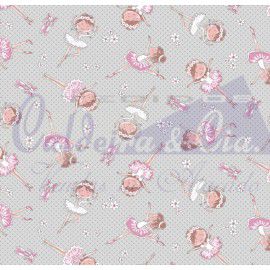 Tecido Tricoline Mini Bailarinas Rosa fundo Cinza - Tecidos Caldeira - 50 x 150 cm