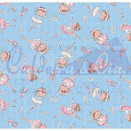 Tecido Tricoline Mini Bailarinas Rosa fundo Azul - Tecidos Caldeira - 50 x 150 cm