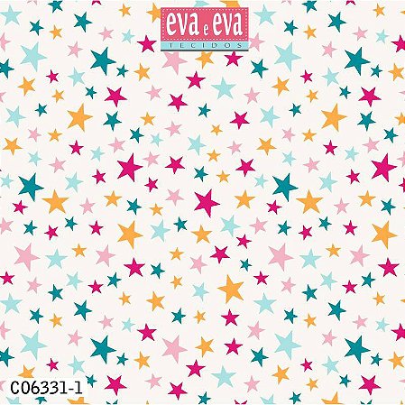 Tecido Tricoline Estrelas Coloridas fundo Branco - Eva e Eva - 50 x 150 cm