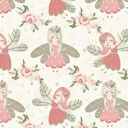 Tecido Tricoline Fadas Creme  - Fuxicos e Fricotes - 50 x 150 cm