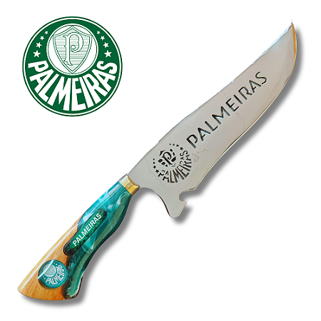 Faca Picanheira Artesanal de Churrasco do Palmeiras  10" Aço inox 420c 4mm Espessura Cabo Madeira nobre e Resina - Personalizada