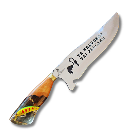 Faca Artesanal de Churrasco De Pescaria  10" Aço inox 420c 4mm Espessura Cabo Madeira nobre e Resina - Personalizada