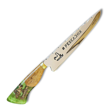 Faca Picanheira Artesanal de Churrasco De Pescaria 10" Aço inox 420c 4mm Espessura Cabo Madeira nobre e Resina - Personalizada