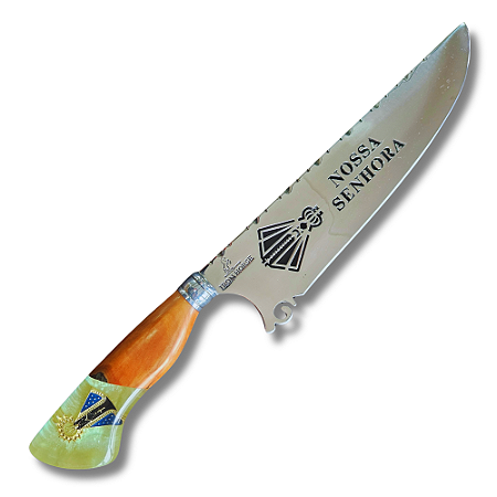 Faca Picanheira Artesanal de Churrasco Nossa Senhora 10" Aço inox 420c 4mm Espessura Cabo Madeira nobre e Resina - Personalizada
