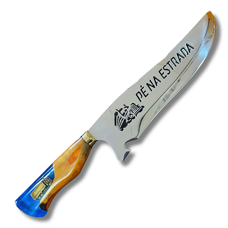 Faca Picanheira Artesanal de Churrasco Pé Na Estrada 10" Aço inox 420c 4mm Espessura Cabo Madeira nobre e Resina - Personalizada