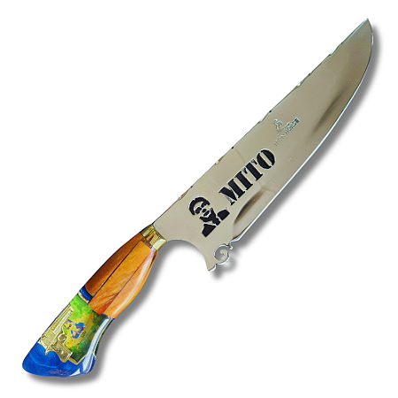 Faca Picanheira Artesanal de Churrasco Bolsonaro Mito 10" Aço inox 420c 4mm Espessura Cabo Madeira nobre e Resina - Personalizada