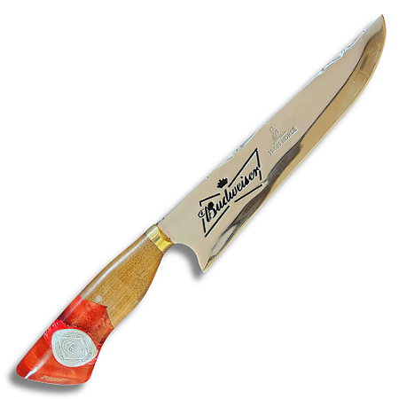 Faca Picanheira Artesanal de Churrasco Budweiser 10" Aço inox 420c 4mm Espessura Cabo Madeira nobre e Resina - Personalizada