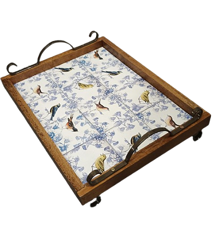 3096PML-103 - Bandeja de Azulejos com Pés/ Alças de Metal - Pássaros Arabesco