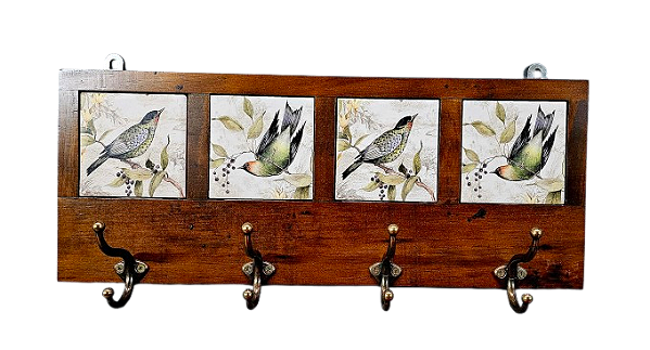 3017EG-109 Quadro cabideiro 4 Azulejos - Pássaros  Verdes
