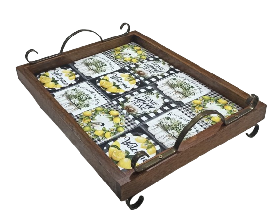 3096PML-092 - Bandeja de Azulejos com Pés/ Alças de Metal - Farmhouse