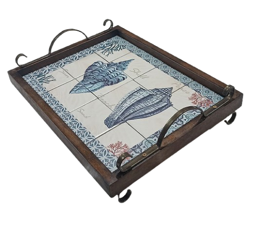 3096PML-080 - Bandeja de Azulejos com Pés/ Alças de Metal - Conchas