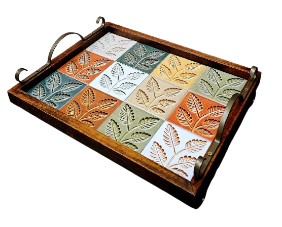 3096PML-151 Bandeja de Azulejos com Pés/ Alças de Metal - Folhas Relevo