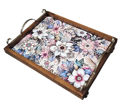 3096PML-148 - Bandeja de Azulejos com Pés/ Alças de Metal - Estampada Flores