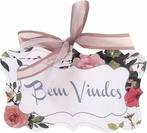 1706-008 Placa MDF - Bem vindos floral branco