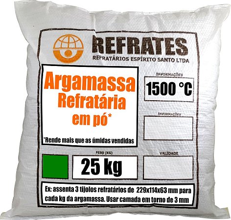 REFRATES ARGAMASSA - 25kg de Argamassa Refratária Seca até 1500°C - Assentamento de Tijolo Refratário - Rendimento 1kg assenta 3 tijolos 23x11x5