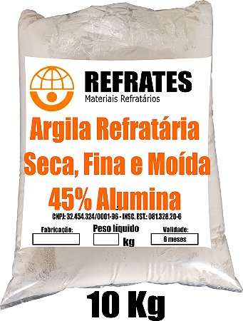 REFRATES ARGILA - 10kg de Argila Refratária Moída Seca - 45% alumina - Alta Plasticidade - Malha Mesh 325 - Grãos menores que 0,045mm