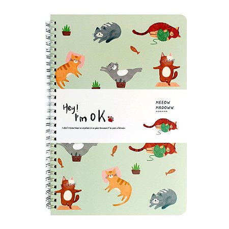 Caderno Espiral Pautado B5 Hey! I'm Ok Gatos Verde