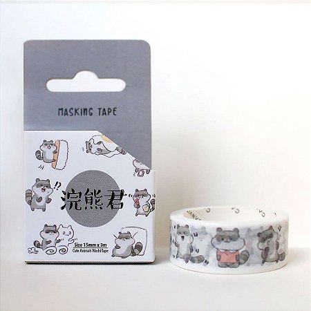 Fita Decorativa Washi Tape - Animais Guaxinim Cinza