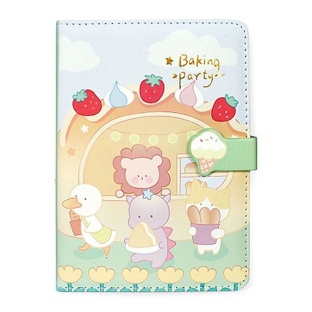 Caderno Brochura Com Folhas Ilustradas e Fecho Magnético Soft Touch Baking Party Animais Verde