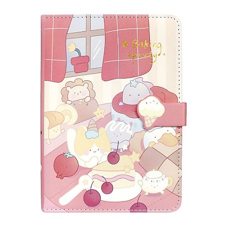 Caderno Brochura Com Folhas Ilustradas e Fecho Magnético Soft Touch Baking Party Animais Rosa