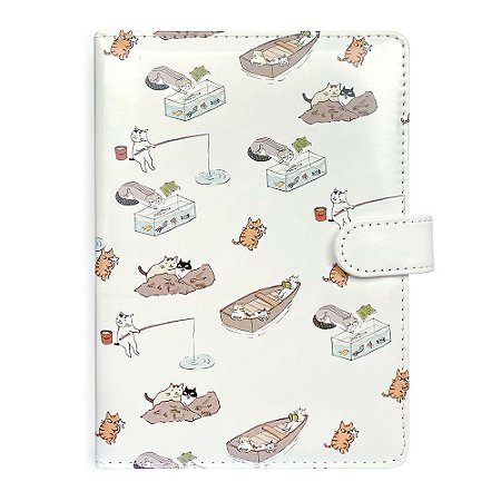 Caderno Brochura Com Folhas Ilustradas e Fecho Com Botão Gatinhos Branco Grande