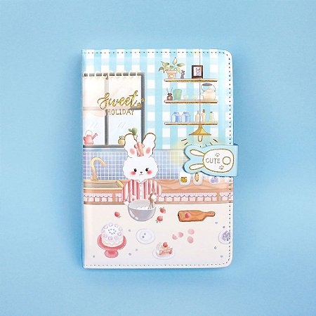 Caderno Brochura Com Folhas Ilustradas e Fecho Magnético Soft Touch Coelho Azul