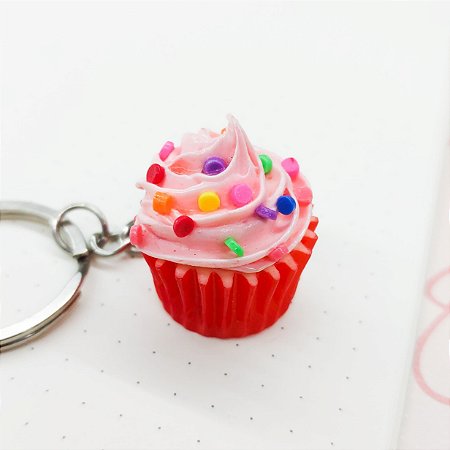 Chaveiro de Comidinhas - Cupcake Rosa Confete Colorido