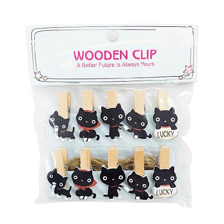 Prendedor de Madeira Gatinho Preto Com Cordão Wooden Clip