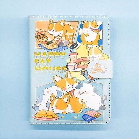 Caderno Brochura Com Folhas Ilustradas e Fecho Magnético Soft Touch Cachorro Azul
