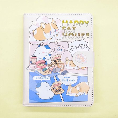 Caderno Brochura Com Folhas Ilustradas e Fecho Magnético Soft Touch Cachorro Amarelo
