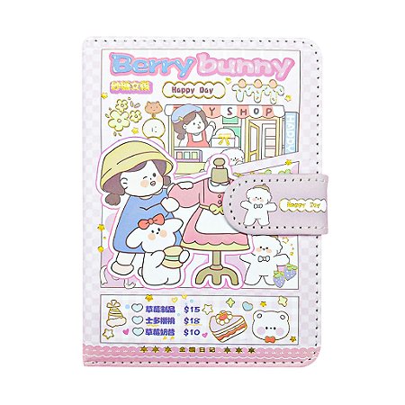 Caderno Brochura Com Folhas Ilustradas e Fecho Magnético Soft Touch Berry Bunny Rosa Pequeno