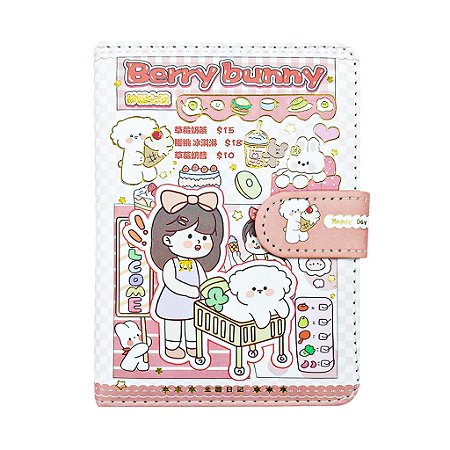 Caderno Brochura Com Folhas Ilustradas e Fecho Magnético Soft Touch Berry Bunny Salmão Pequeno