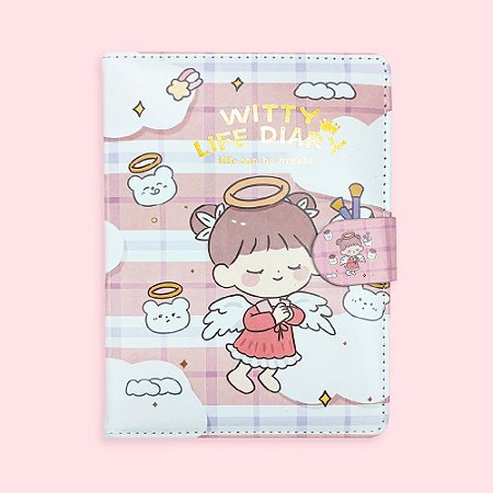Caderno Brochura Com Folhas Ilustradas e Fecho Magnético Soft Touch Witty Life Diary Anjinha