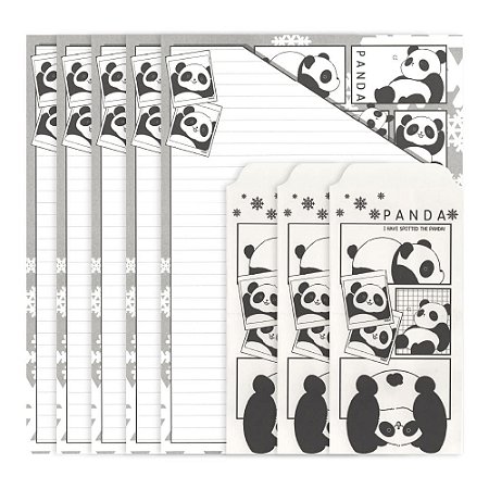 Kit Com 5 Papéis de Carta + 3 Envelopes Panda Preto